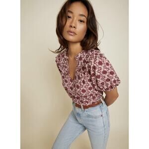 Nation LTD Shirt Womens Small Burgundy White Print Ruffle Puff Sleeve Boho Top